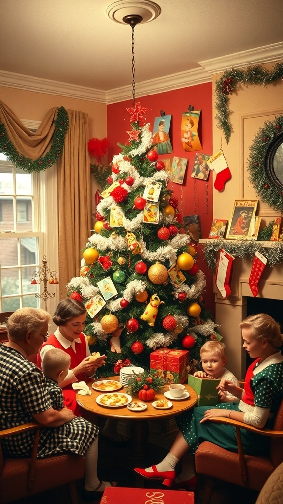 A vintage 1950s Christmas scene with a decorated tree, family gathering, and festive decorations.